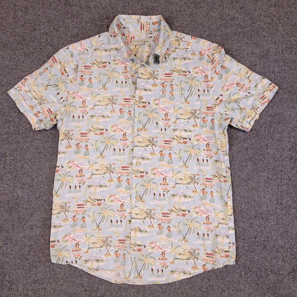 TRICOTS ST RAPHAEL Hawaiian Hula‎ Girl Mens Casual Button-Down Shirt Blue S Y2K